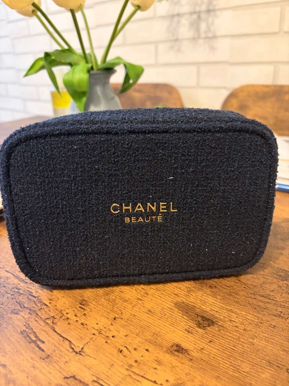 CHANEL Beauté Black Tweed Cosmetic Pouch with Gold Logo
